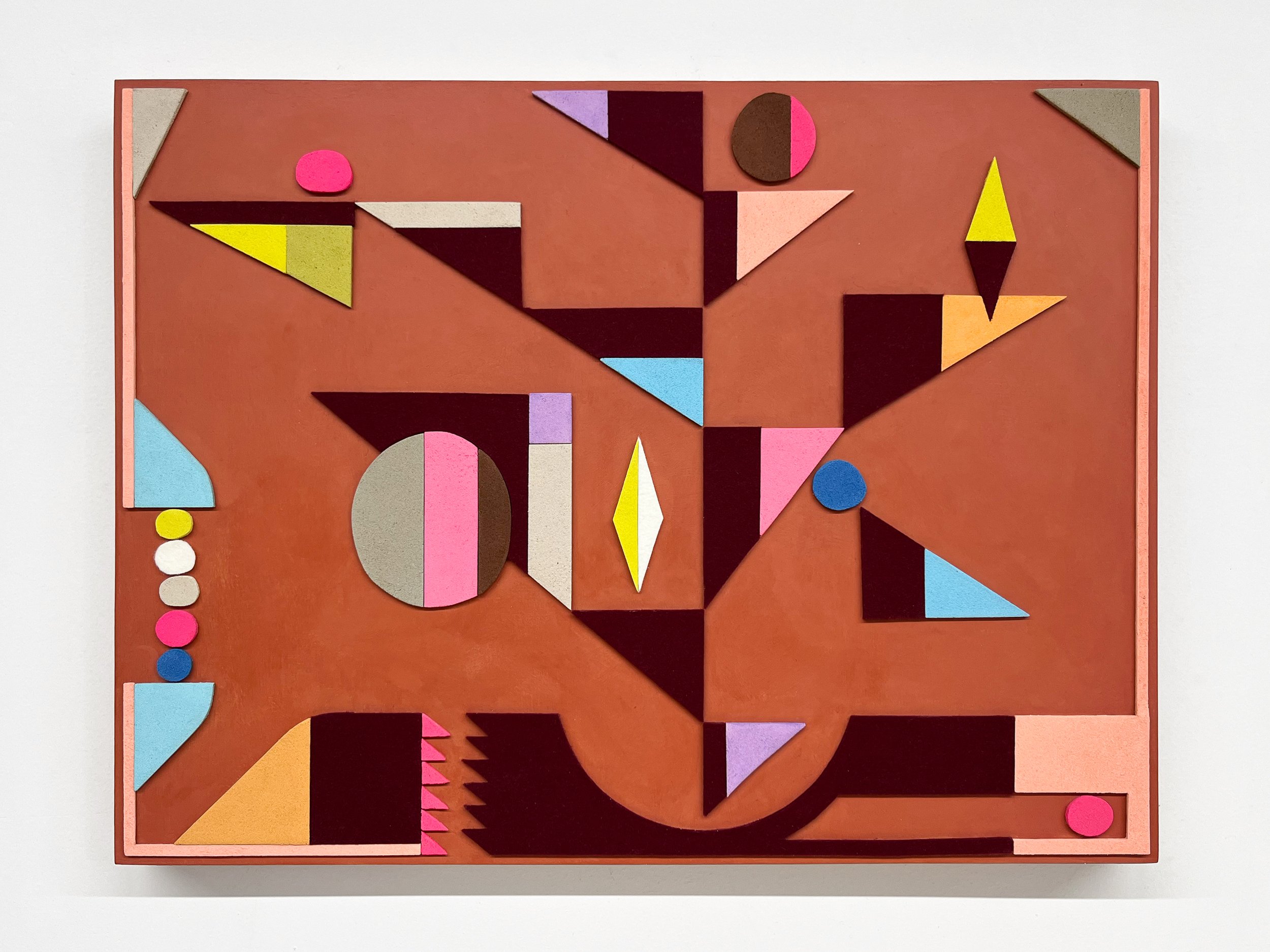 untitled (01.2025), 2025 • Felt, homemade sculpting compound, chalk paint and wax on panel • Height: 18”, Width: 24”