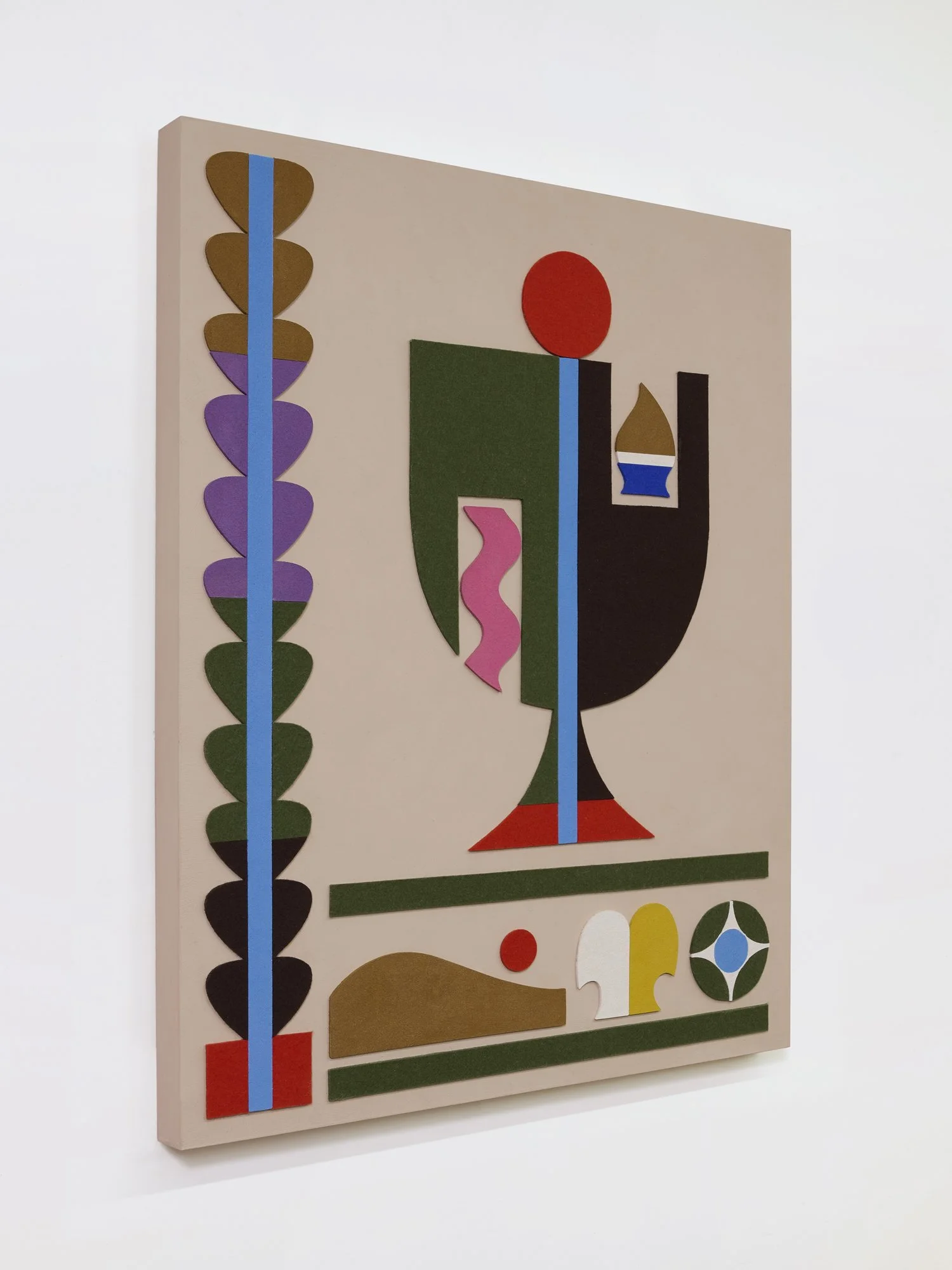 untitled (09.2025), 2025 • Felt, homemade sculpting compound, chalk paint and wax on panel • Height: 28”, Width: 22”