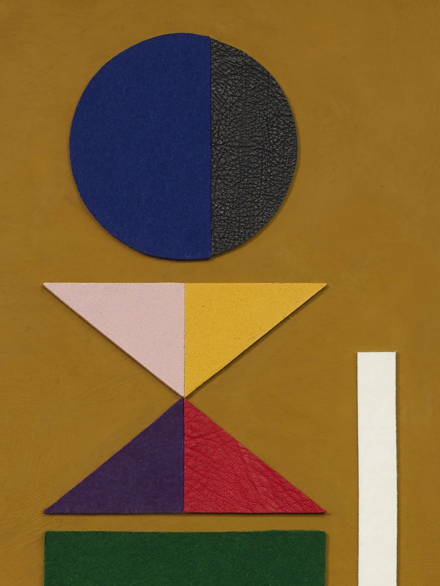 untitled (002.2026), 2026 • Felt, leather, homemade sculpting compound, chalk paint and wax on panel • Height: 30”, Width: 24”