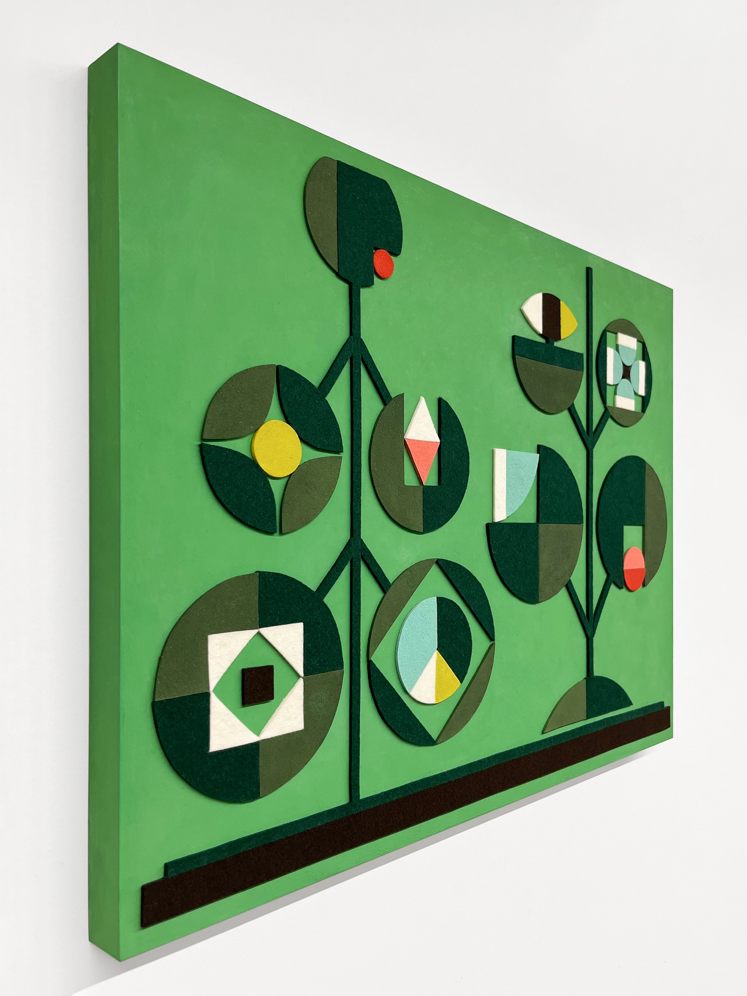 Spring Song, 2025 • Felt, homemade sculpting compound, chalk paint and wax on panel • Height: 22”, Width: 28”