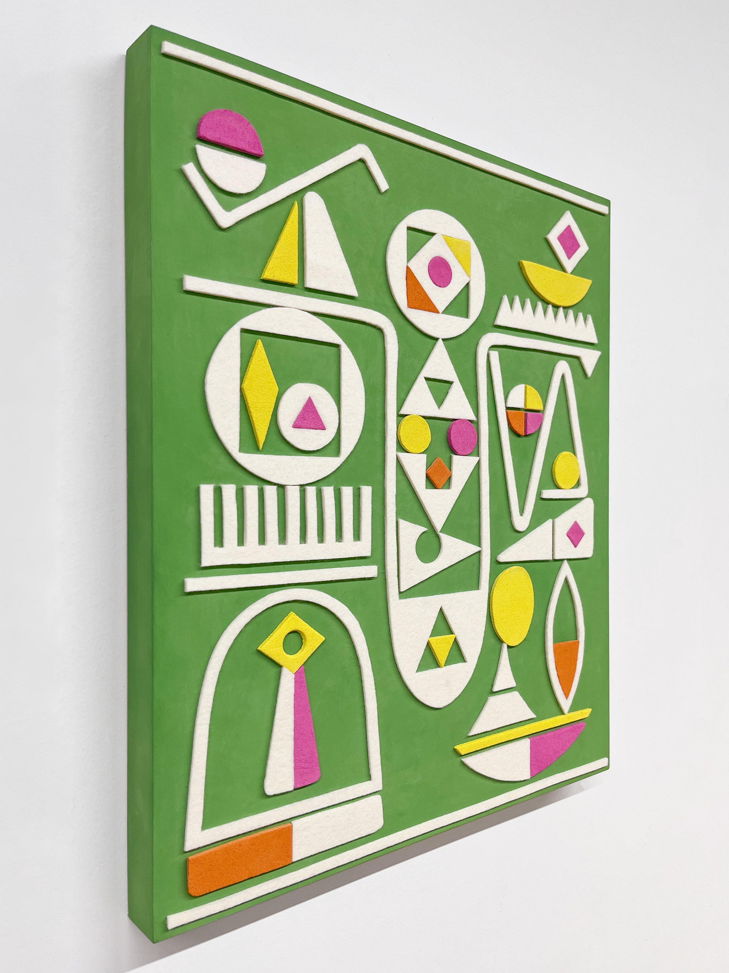 untitled (011.2024), 2024 • Felt, homemade sculpting compound, chalk paint and wax on panel • Height: 20”, Width: 16”