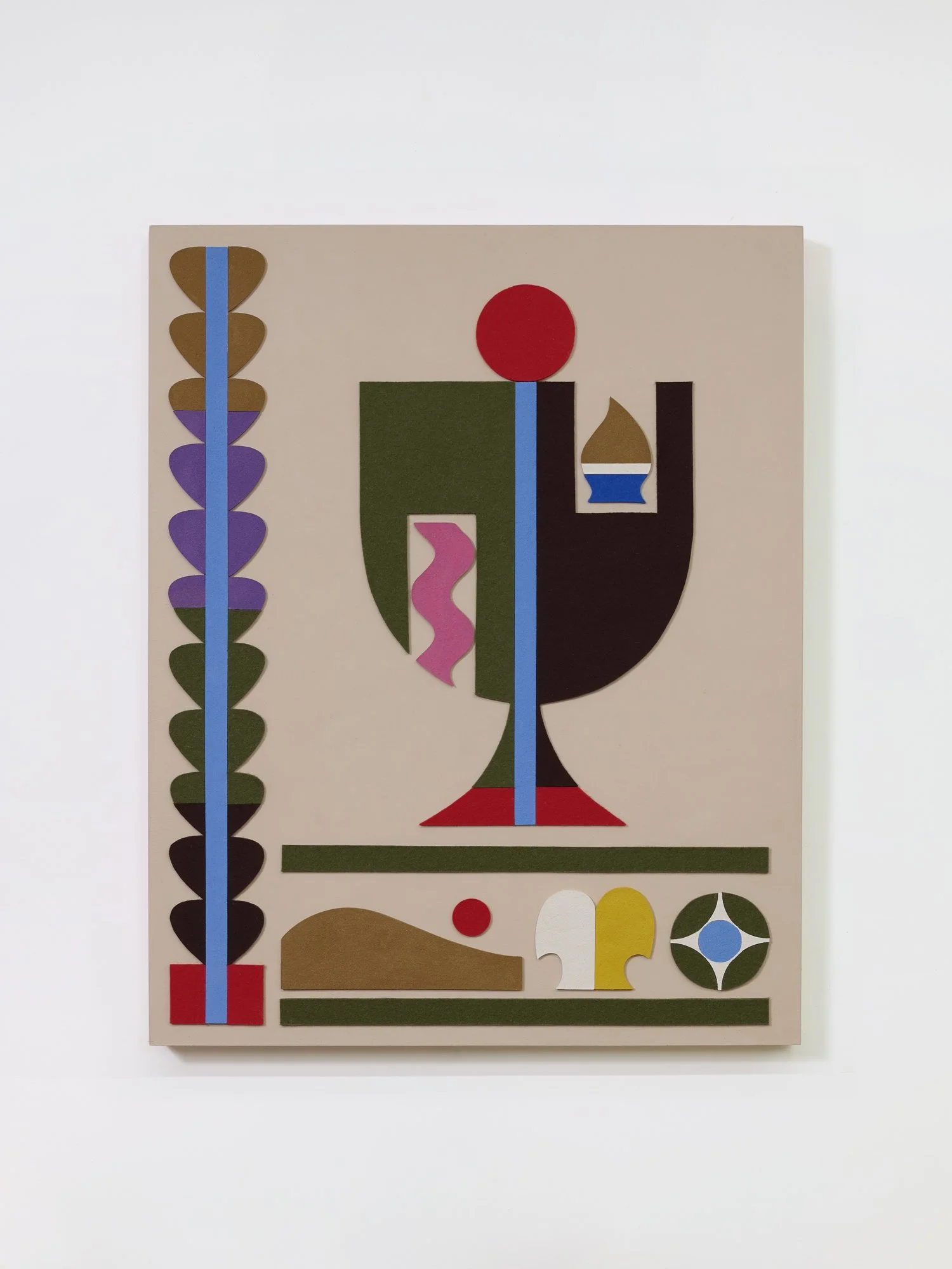 untitled (09.2025), 2025 • Felt, homemade sculpting compound, chalk paint and wax on panel • Height: 28”, Width: 22”