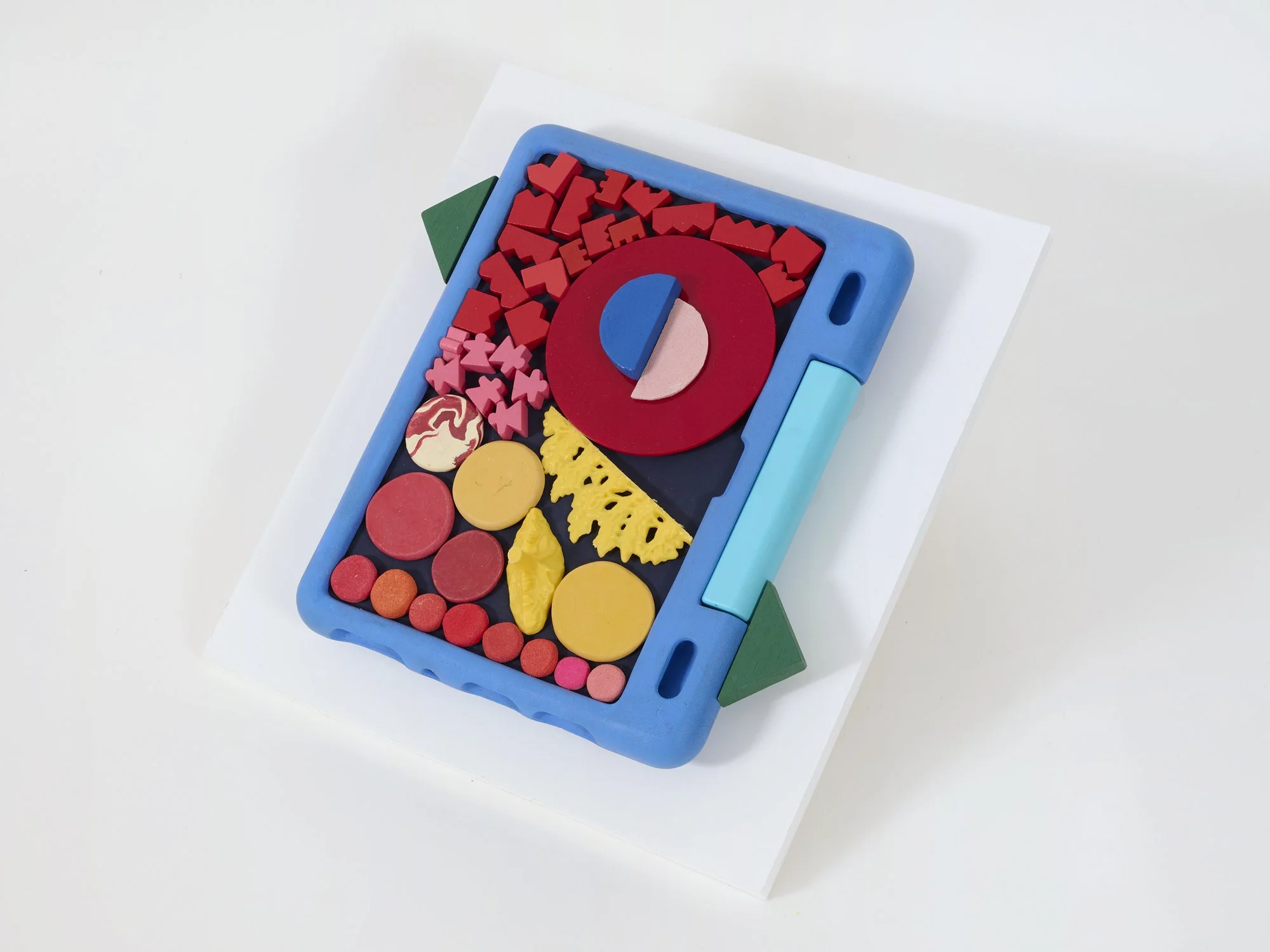 untitled, 2025 •
Assemblage with found objects, homemade sculpting compound, epoxy clay, chalk paint, wax, adhesives, wood and screws.  
• Height: 10.5”, Width: 10.5”, Depth: 1.5”