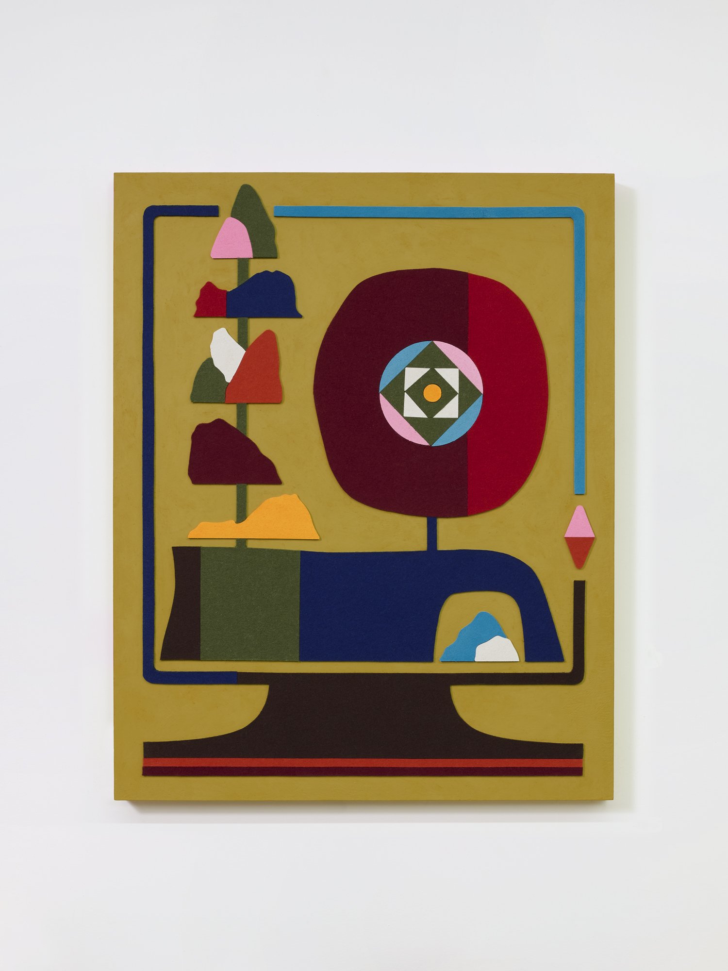 untitled (08.2025), 2025 • Felt, homemade sculpting compound, chalk paint and wax on panel • Height: 28”, Width: 22”