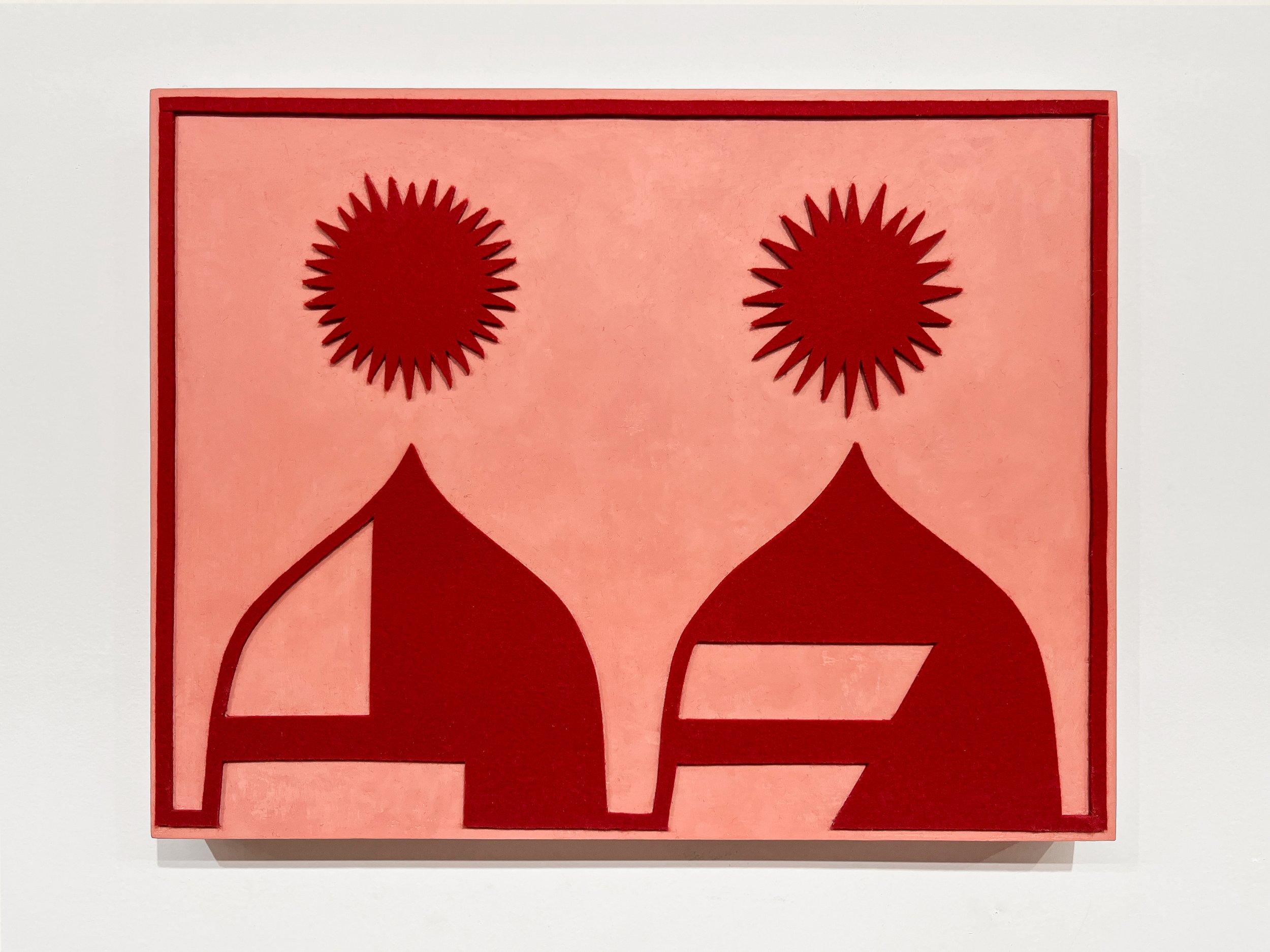 "Twin Suns" • Felt, homemade sculpting compound, chalk paint and wax on panel • Height: 14”, Width: 18”