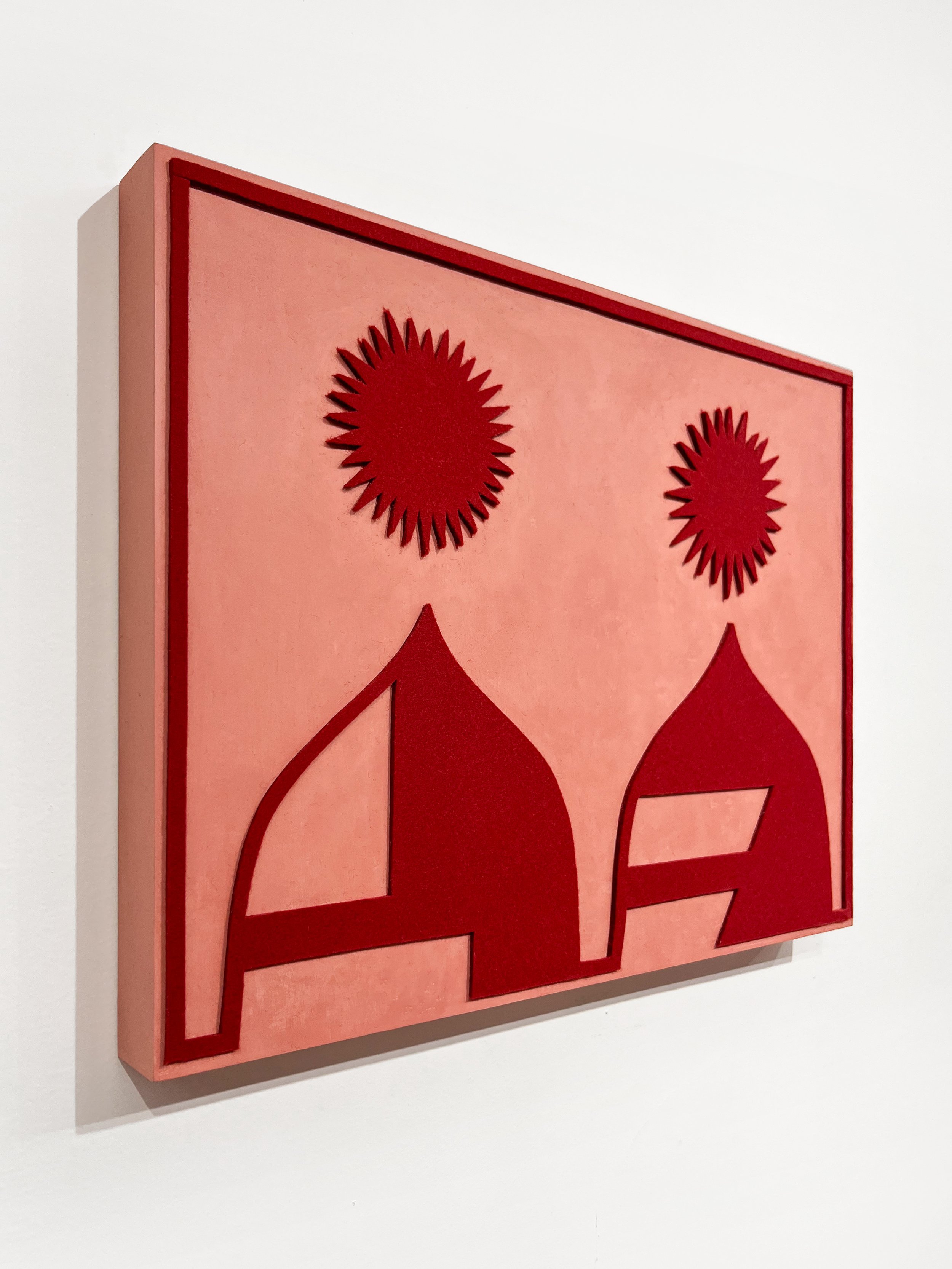 "Twin Suns" • Felt, homemade sculpting compound, chalk paint and wax on panel • Height: 14”, Width: 18”