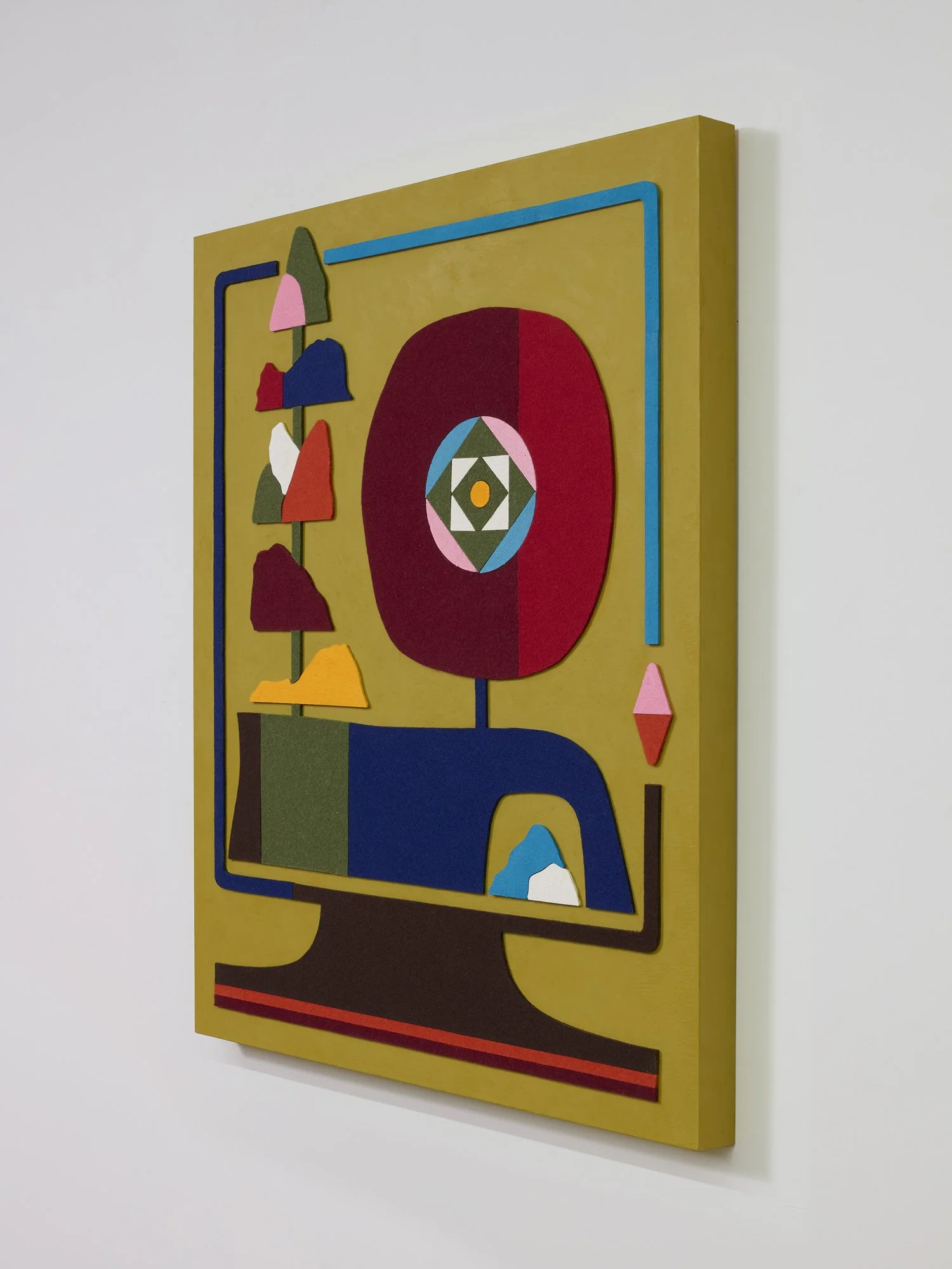 untitled (08.2025), 2025 • Felt, homemade sculpting compound, chalk paint and wax on panel • Height: 28”, Width: 22”