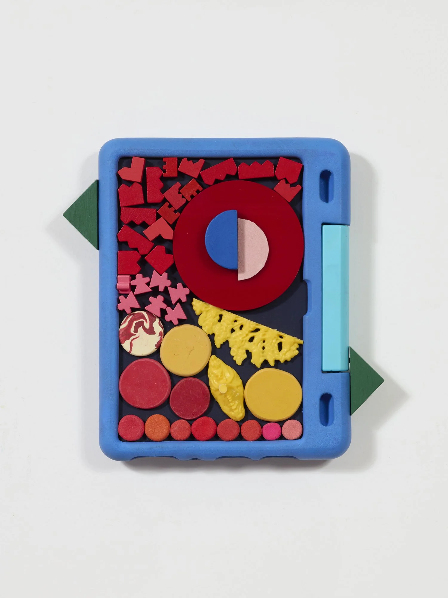 untitled, 2025 •
Assemblage with found objects, homemade sculpting compound, epoxy clay, chalk paint, wax, adhesives, wood and screws.  
• Height: 10.5”, Width: 10.5”, Depth: 1.5”