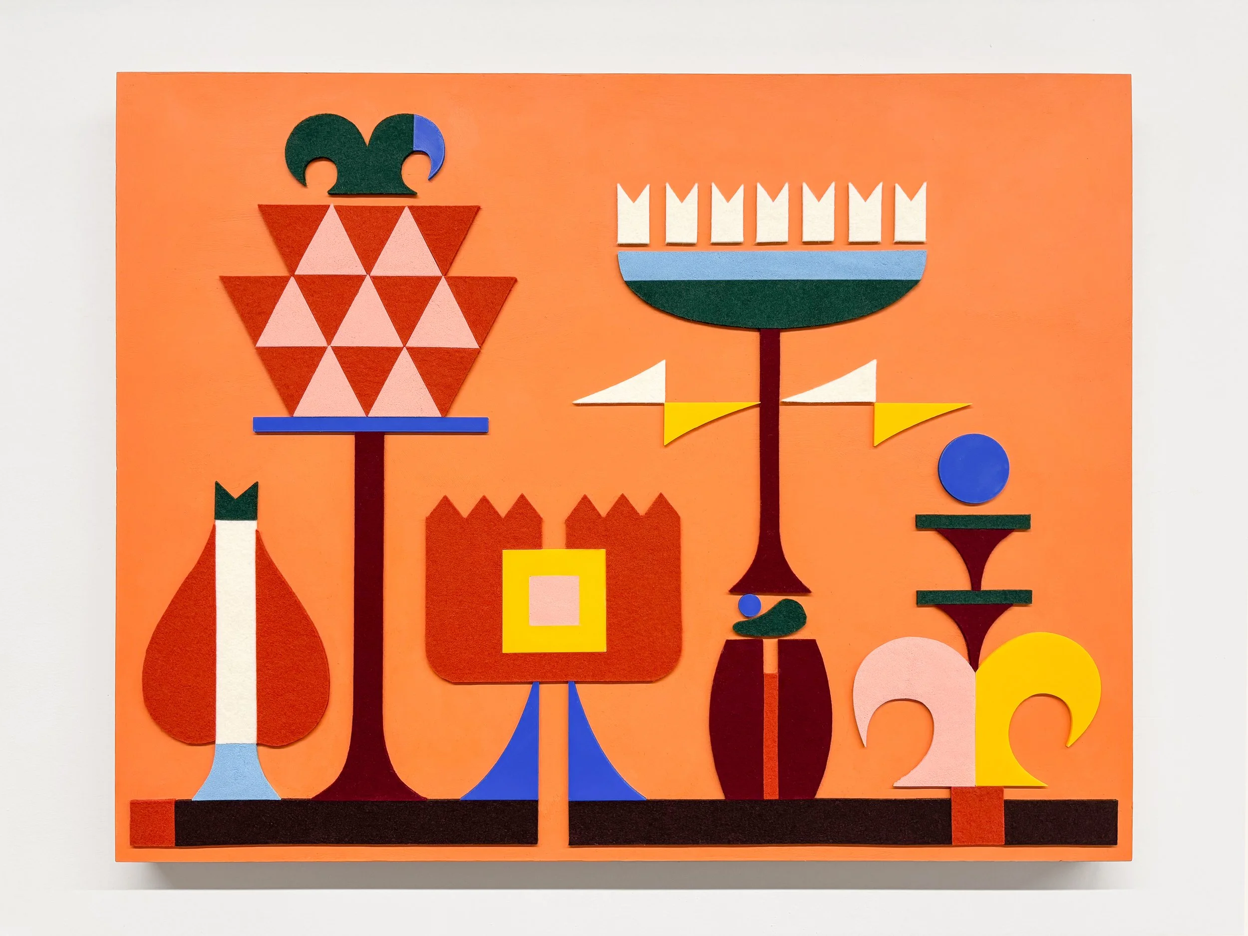 Tova's Garden, 2025 • Felt, PLA plastic, homemade sculpting compound, chalk paint and wax on panel • Height: 22”, Width: 28”