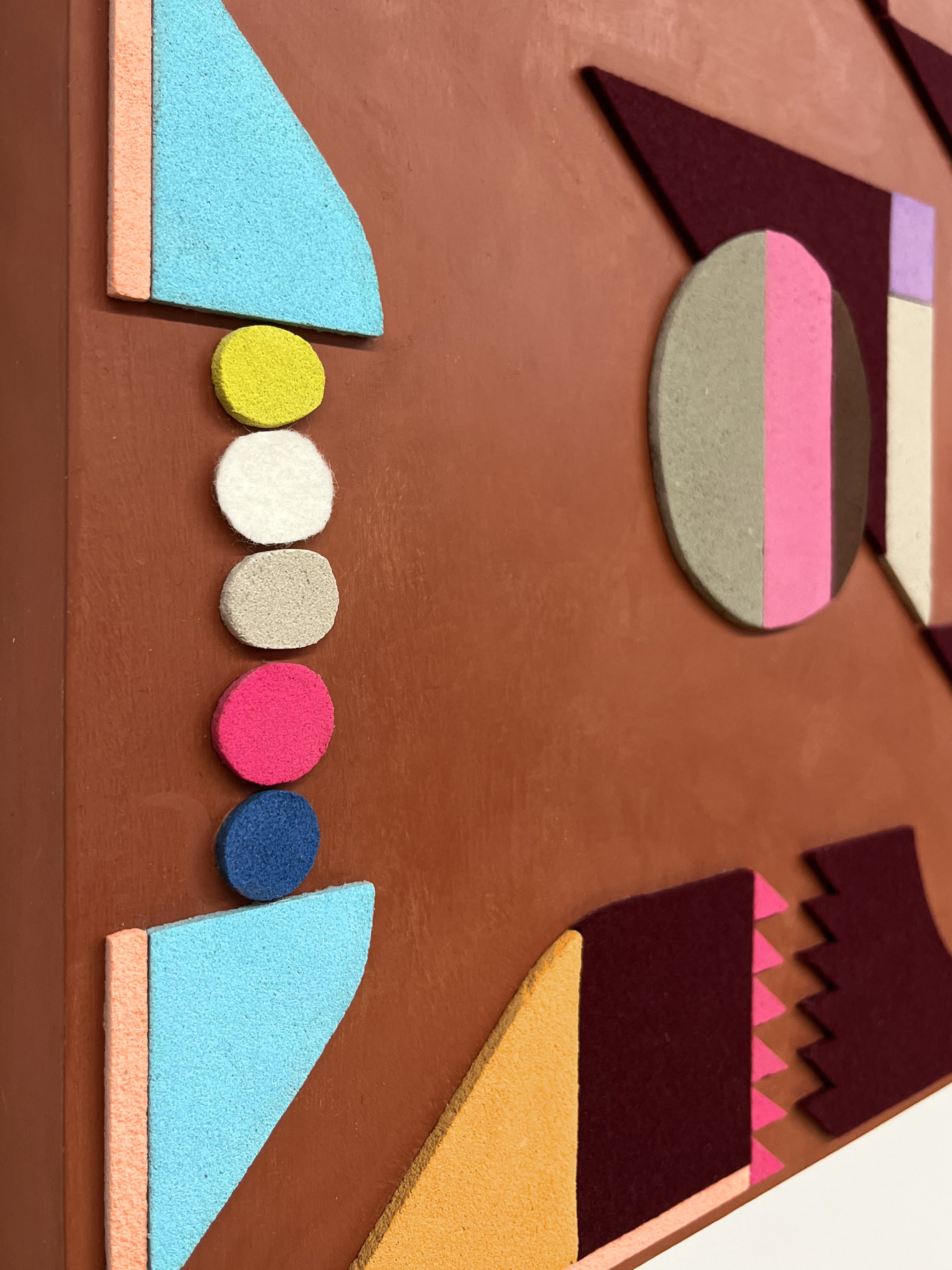 untitled (01.2025), 2025 • Felt, homemade sculpting compound, chalk paint and wax on panel • Height: 18”, Width: 24”