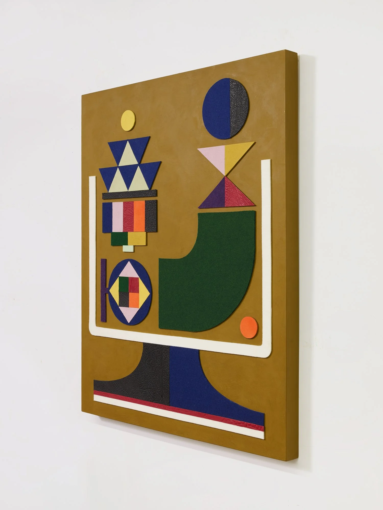 untitled (002.2026), 2026 • Felt, leather, homemade sculpting compound, chalk paint and wax on panel • Height: 30”, Width: 24”