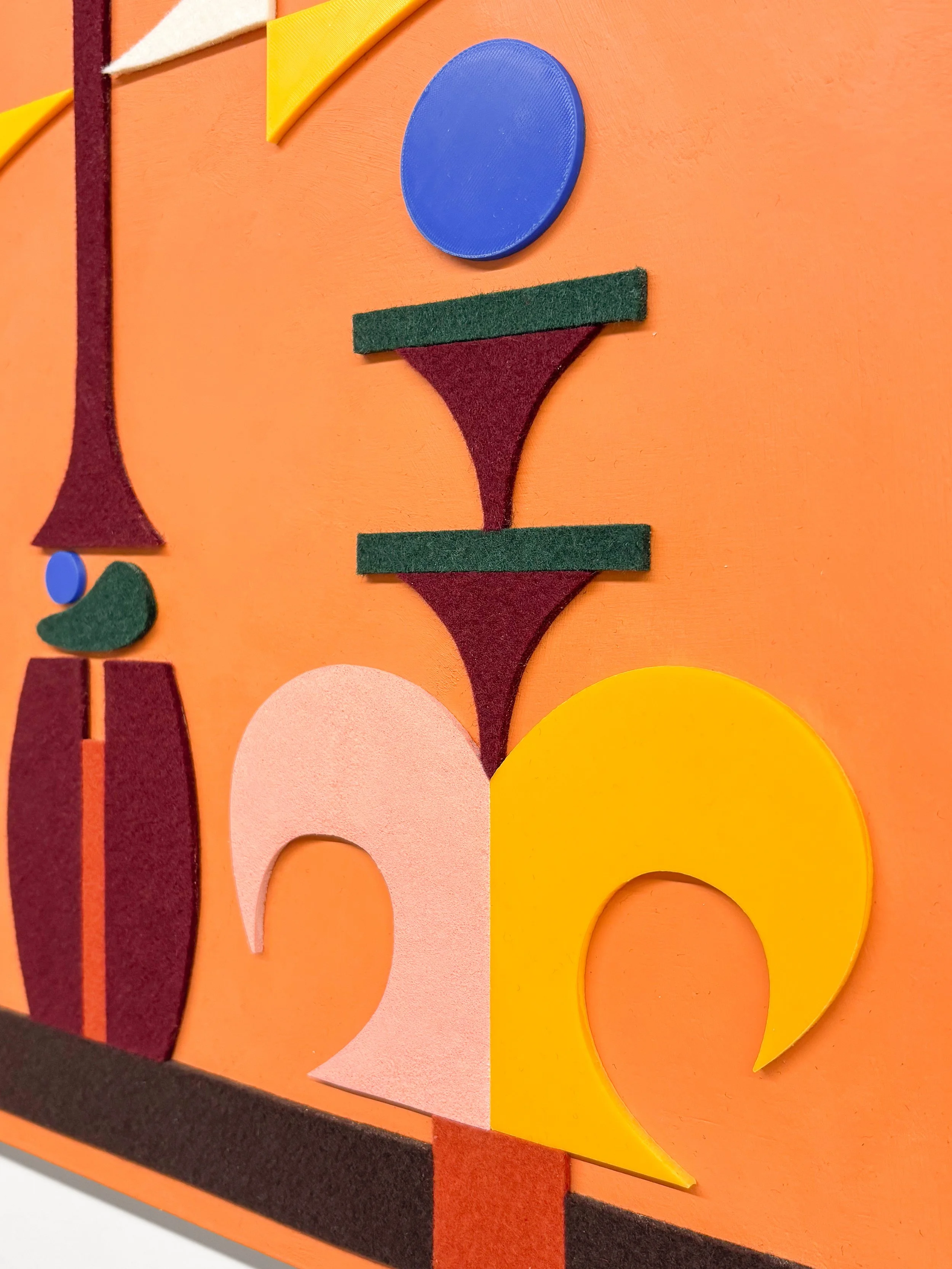 Tova's Garden, 2025 • Felt, PLA plastic, homemade sculpting compound, chalk paint and wax on panel • Height: 22”, Width: 28”