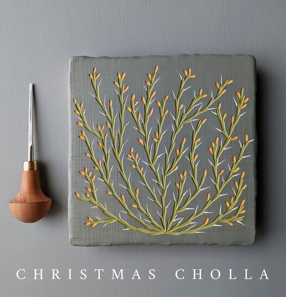 Day 2 Christmas Cholla is complete. Feels so good to be creating these works and trying new things. 

This 6x6 cholla has this vintage feel to me and I can't quite put my finger on it what it is. Maybe it's the color combination or the composition. I
