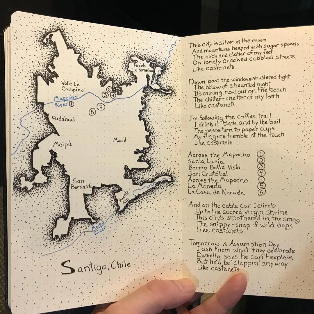 “This city is silver in the moon...” I made this map as a tribute to a song I really love, “Like Castanets “ by Bishop Allen. I’ve never really understood why I find this simple song about bumming around Santiago, Chile