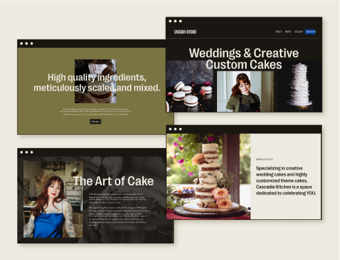 Four overlapping website design mockups