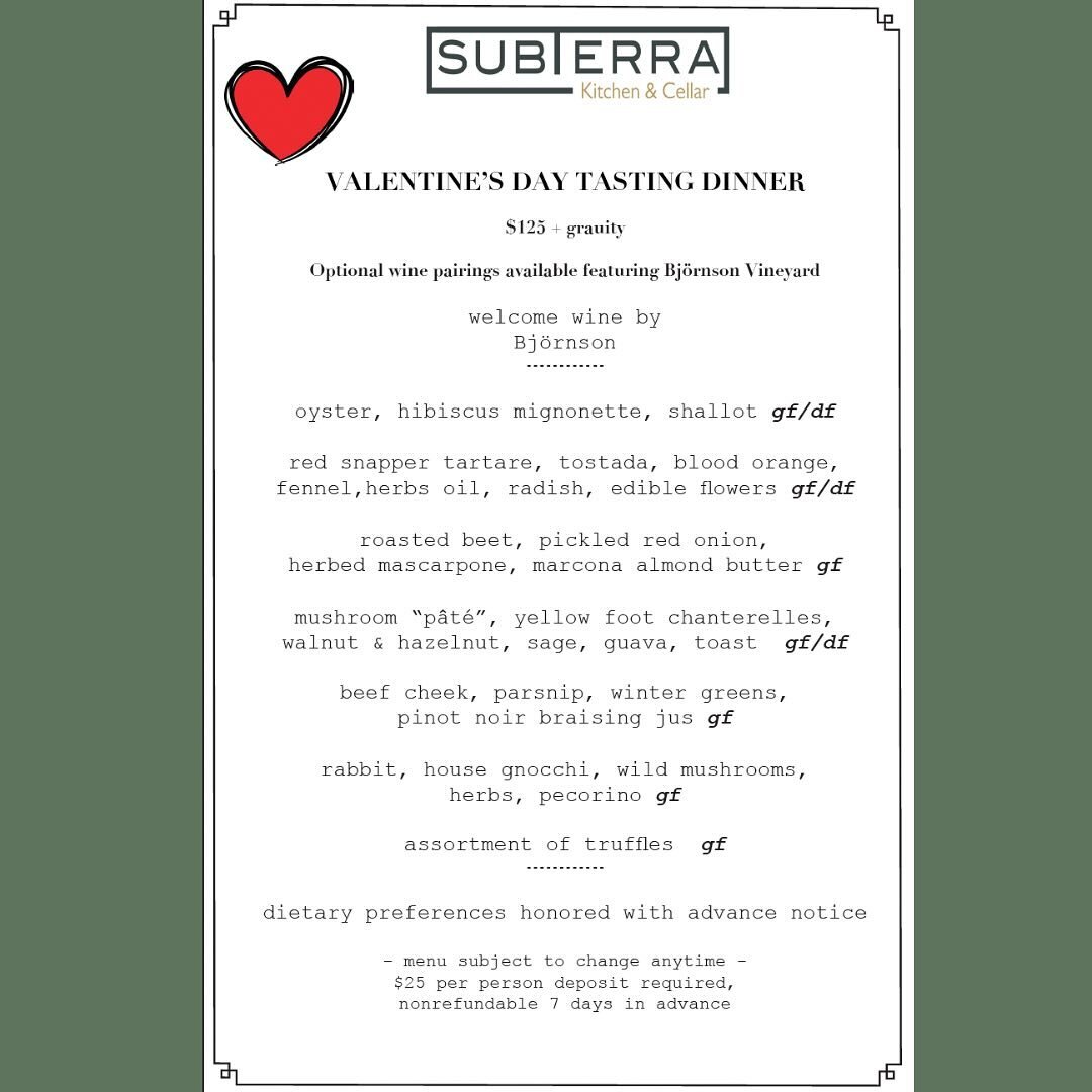 Valentine&rsquo;s Day Tasting Dinner 

Join us this year for a very intimate tasting dinner. This year we will be featuring wines from @bjornsonvineyard to go with our curated tasting menu! 

Link in our bio! We look forward to help you celebrate you