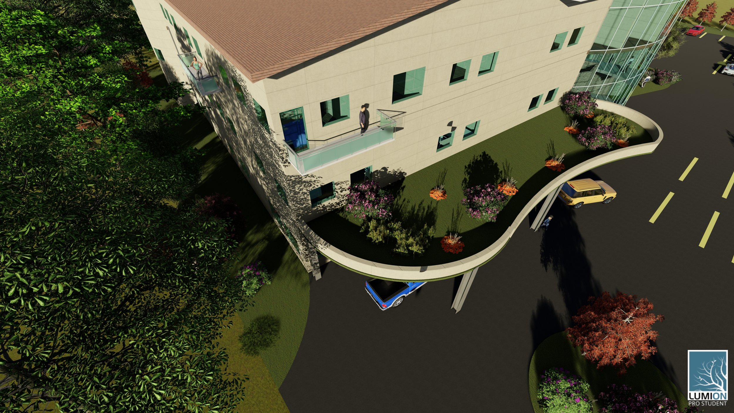 Exterior rendering which shows one of the areas which collects rain water to be reused throughout the building.