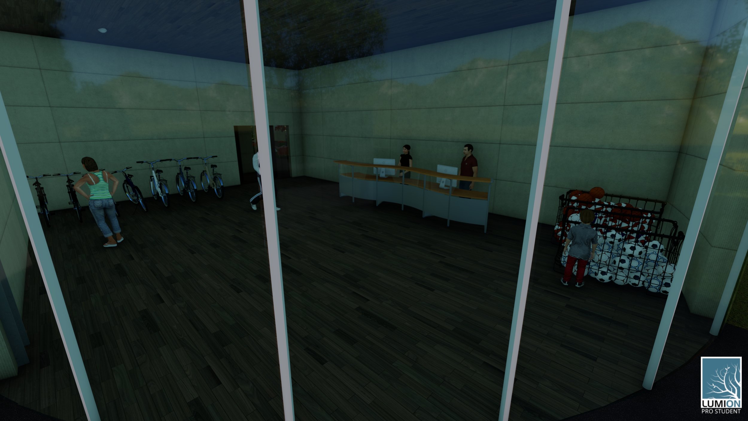 Rendering of the athletic repair and rental store near the back of the building.