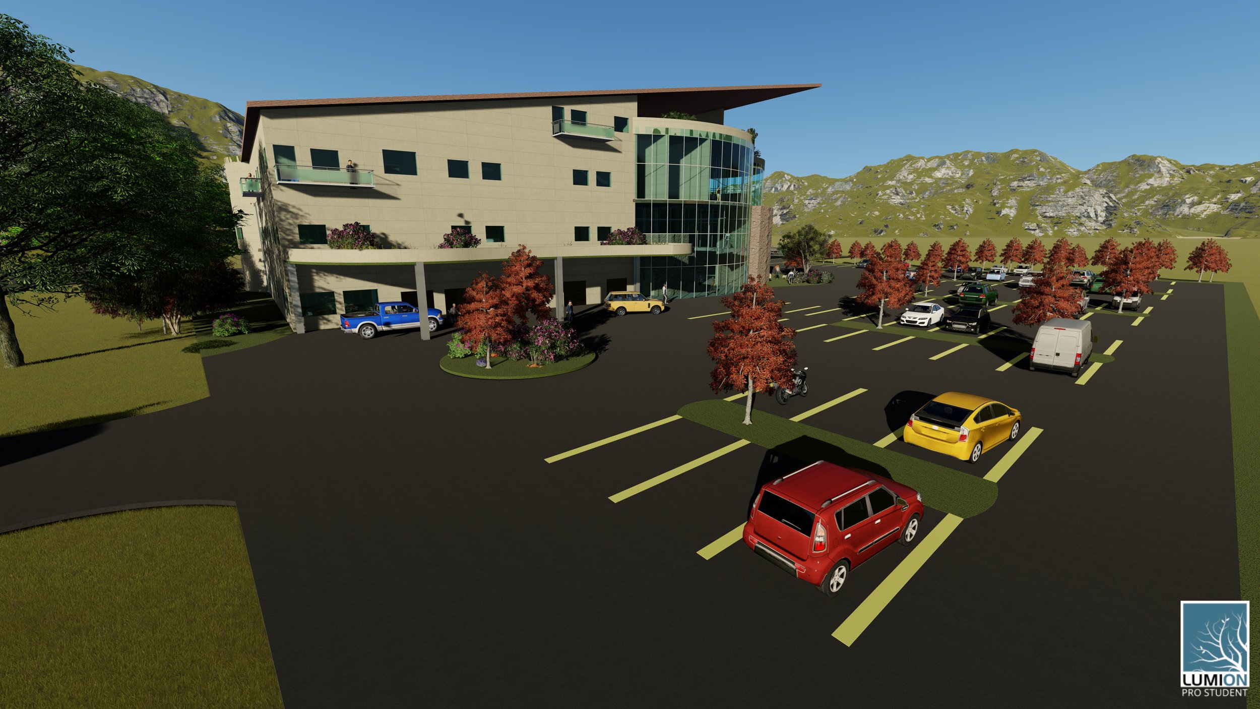 Exterior rendering looking from the parking lot to the front of the building.