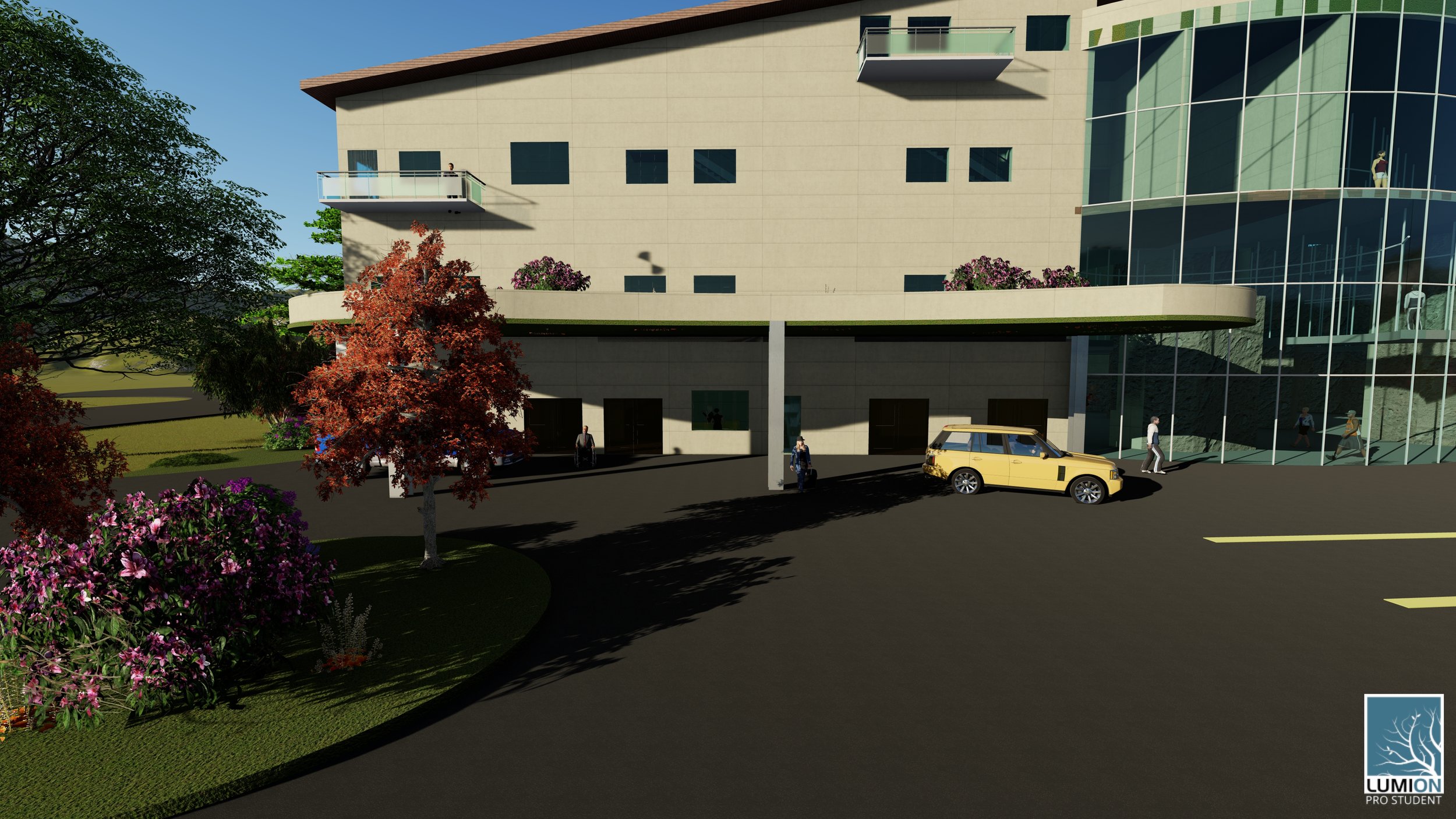 Exterior rendering of the drop off and unloading zone where guests come to check in/ leave.