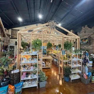 Custom indoor greenhouse display built for Earthworks Garden Center in Jacksonville, Florida, featuring a wood frame structure with shelving and live plants.