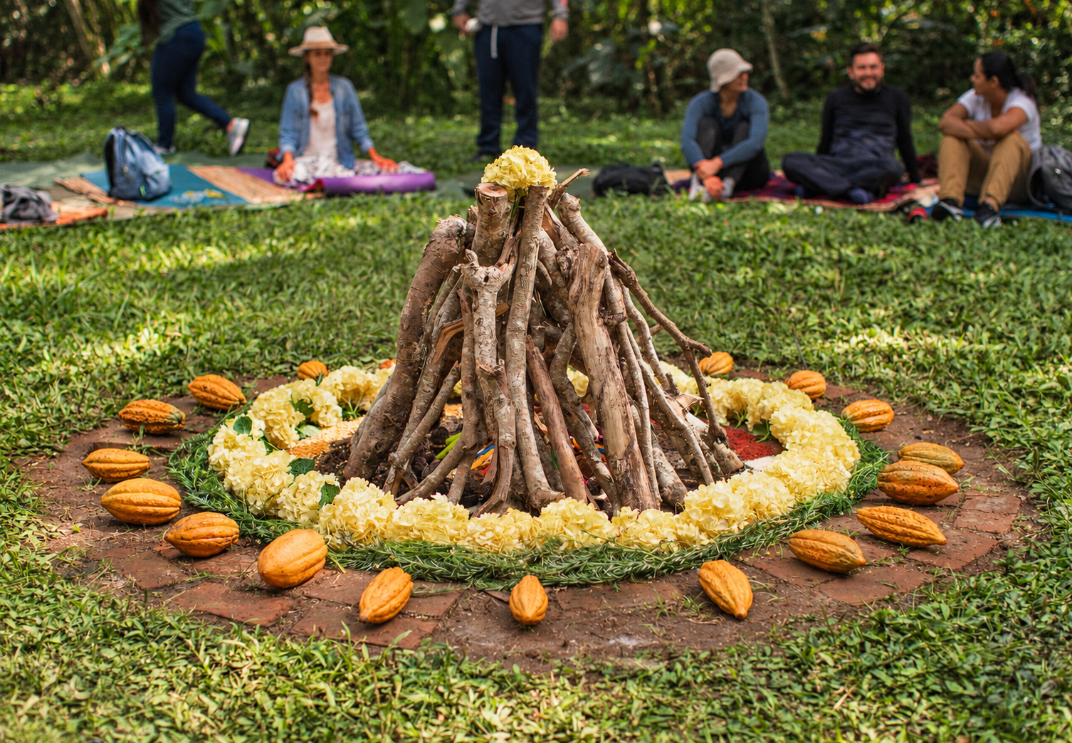 A group gathered around a ceremonial fire prepared with flowers and cacao at Kaukitá.