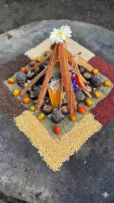 A small outdoor shrine with a white flower at the top, surrounded by wood sticks, stones, yellow and red berries, and grains, arranged on a concrete surface with colored gravel.