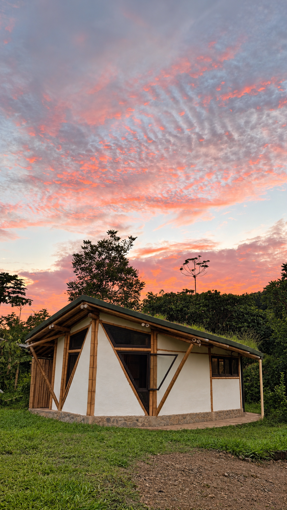The house at Kaukitá surrounded by tropical vegetation at sunset.