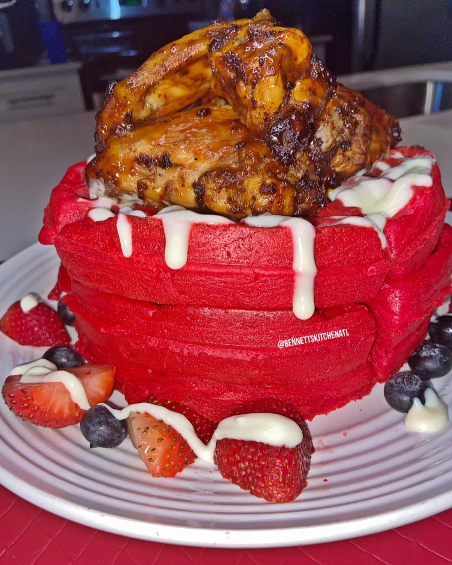 Red Velvet Jerk Chicken &amp; Waffles 
.
One thing for sure , we don&rsquo;t play about our Chicken &amp; Waffles issa whole vibe.
.
 Brunch with us for the Ultimate  Bennett&rsquo;s Experience at your next event
.

#jamaicanfood  #yawd #yawdfood #at