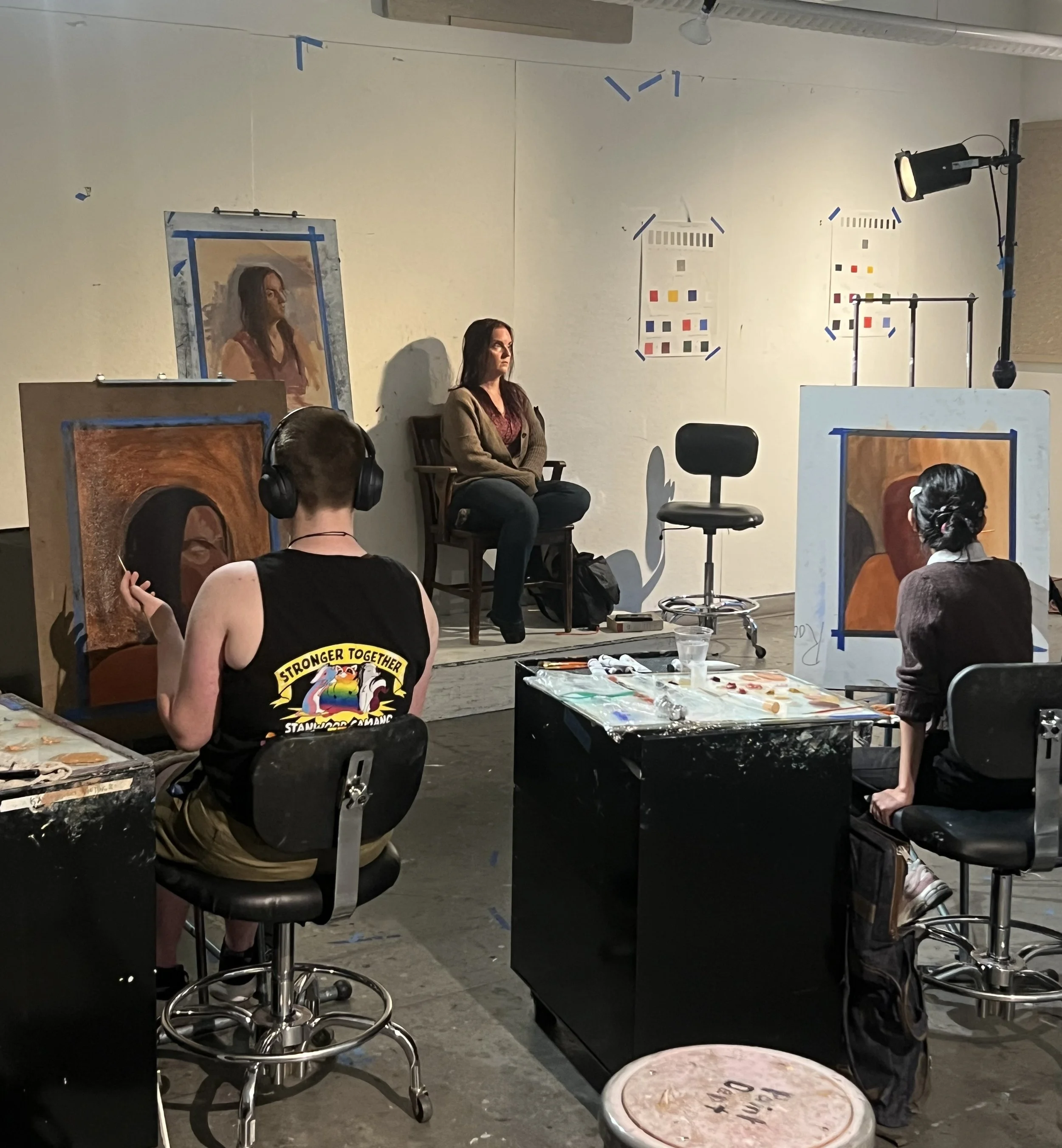 Painting II: Form + Content, Cornish College of the Arts at Seattle University

Students practicing observational painting from a live model; at right, an instructor demonstration developed during class.