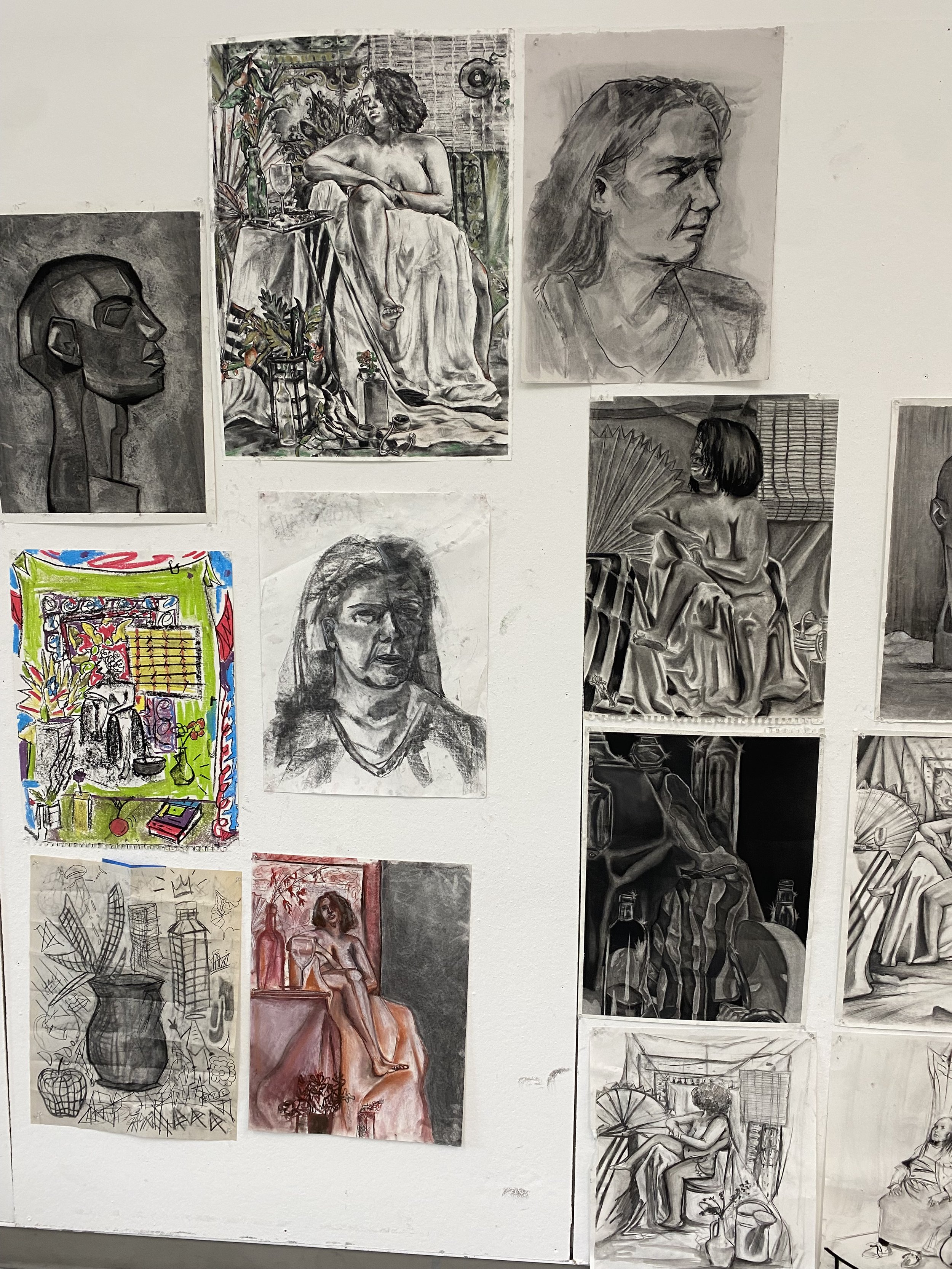 Selected Student Work, Drawing I: Form and Figure
A collection of student drawings from multiple assignments exploring different materials, observation, line, value, form, and composition.