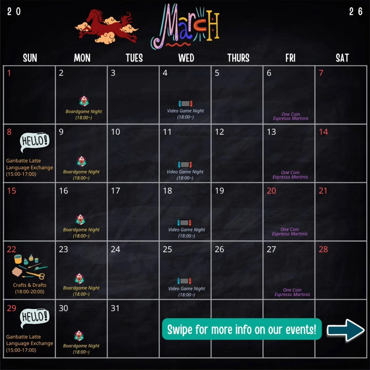 【3月のスケジュール】March 2026

Finally warmed up just a tiiiiiny bit.

&mdash;--Here&rsquo;s our monthly schedule!-----
Follow and stay updated because we have quite a few events this month!
There might be events on short notice too!
Also, if you want to hos