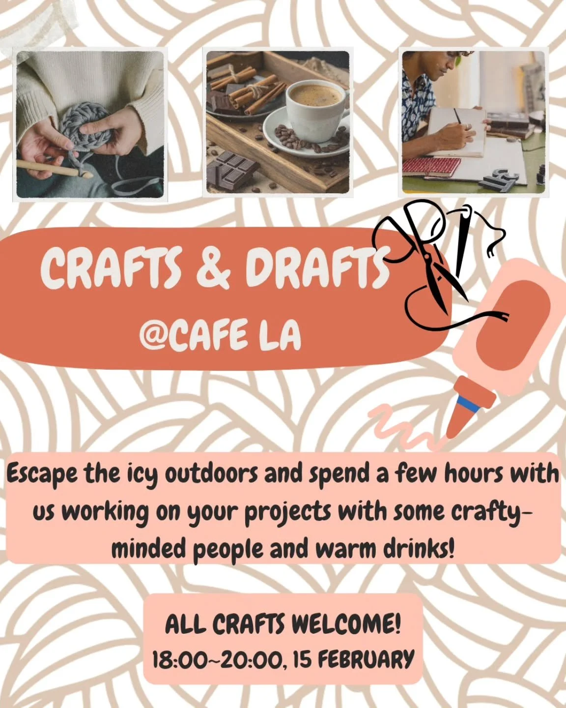 ◾【Crafts &amp; Drafts】🪡🧵🧶📝
Hosted by @hey.scooter.girl
➡️Sun, Feb 15 (18:00 - 20:00)
Tired of being stuck indoors in this miserable cold? Come out to Cafe LA on the 15th for Crafts and Drafts, an event where you can work on your projects and have