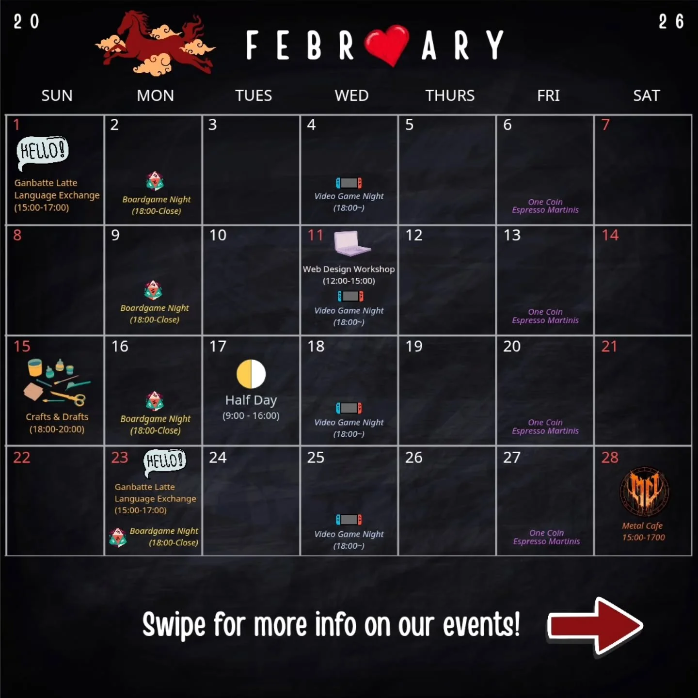 【2月のスケジュール】February 2026

It&rsquo;s already February!?
Big things are coming this year!

&mdash;--Here&rsquo;s our monthly schedule!-----
Follow and stay updated because we have quite a few events and parties this month!
There might be events on sho