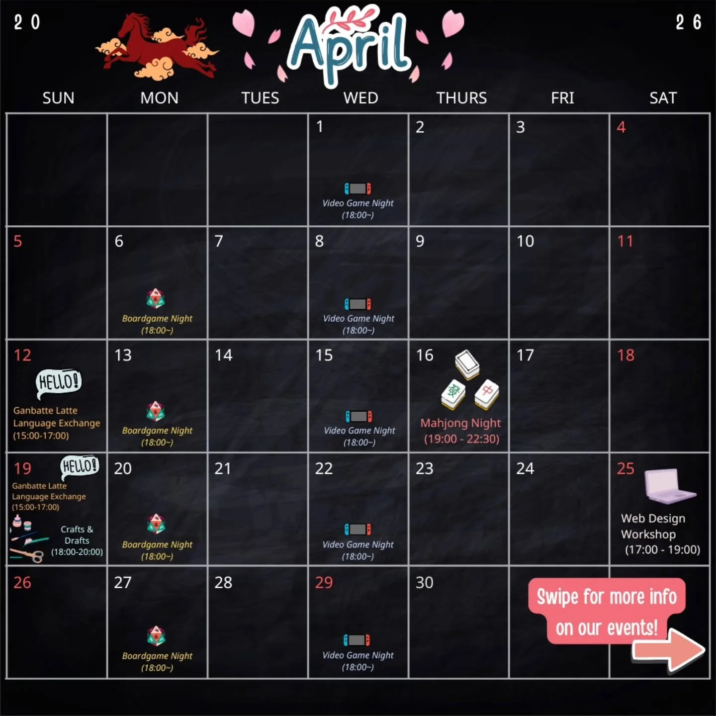 【4月のスケジュール】April 2025

Oh it really warmed up and the sakuras 🌸 are here! Did everyone do their hanamis yet?

&mdash;--Here&rsquo;s our monthly schedule!-----

Follow and stay updated because we have quite a few events and parties this month! There 