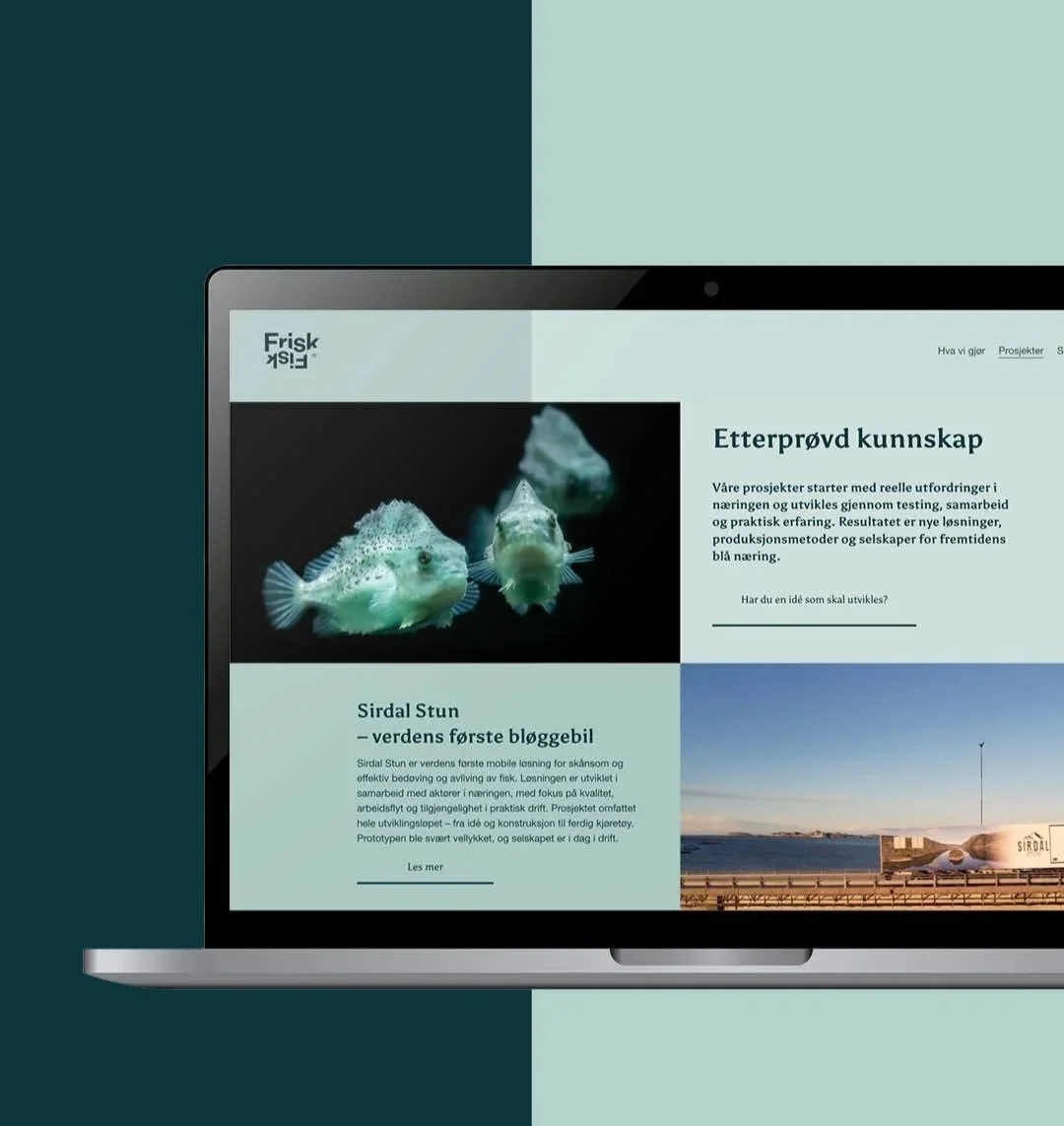 Frisk Fisk – Merkevareretning, visuell identitet, tekster og nettside som gjør Frisk Fisks kunnskap og engasjement tydelig – med kjærlighet til folk og fauna.