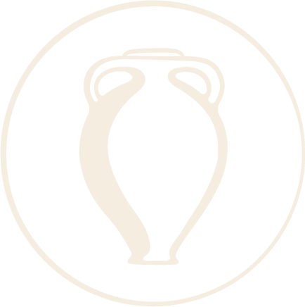 A minimalist black and white logo of a Greek amphora vase within a circle.
