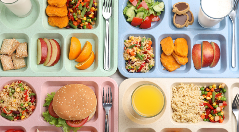 A mix of foods in food trays
