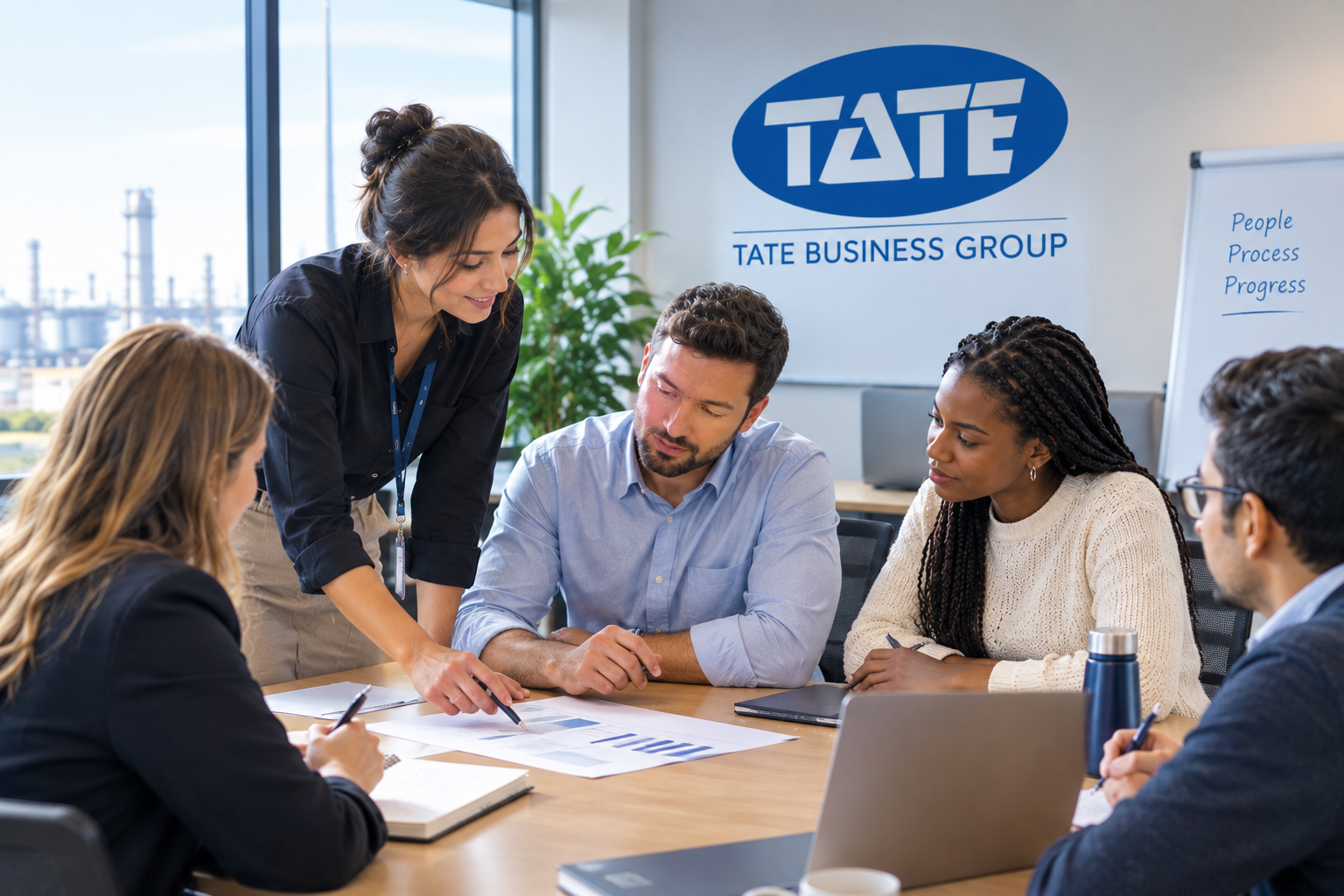 A diverse group of five people working together in a meeting room at Tate Business Group, with a woman standing and pointing at documents on the table, and a whiteboard behind them.