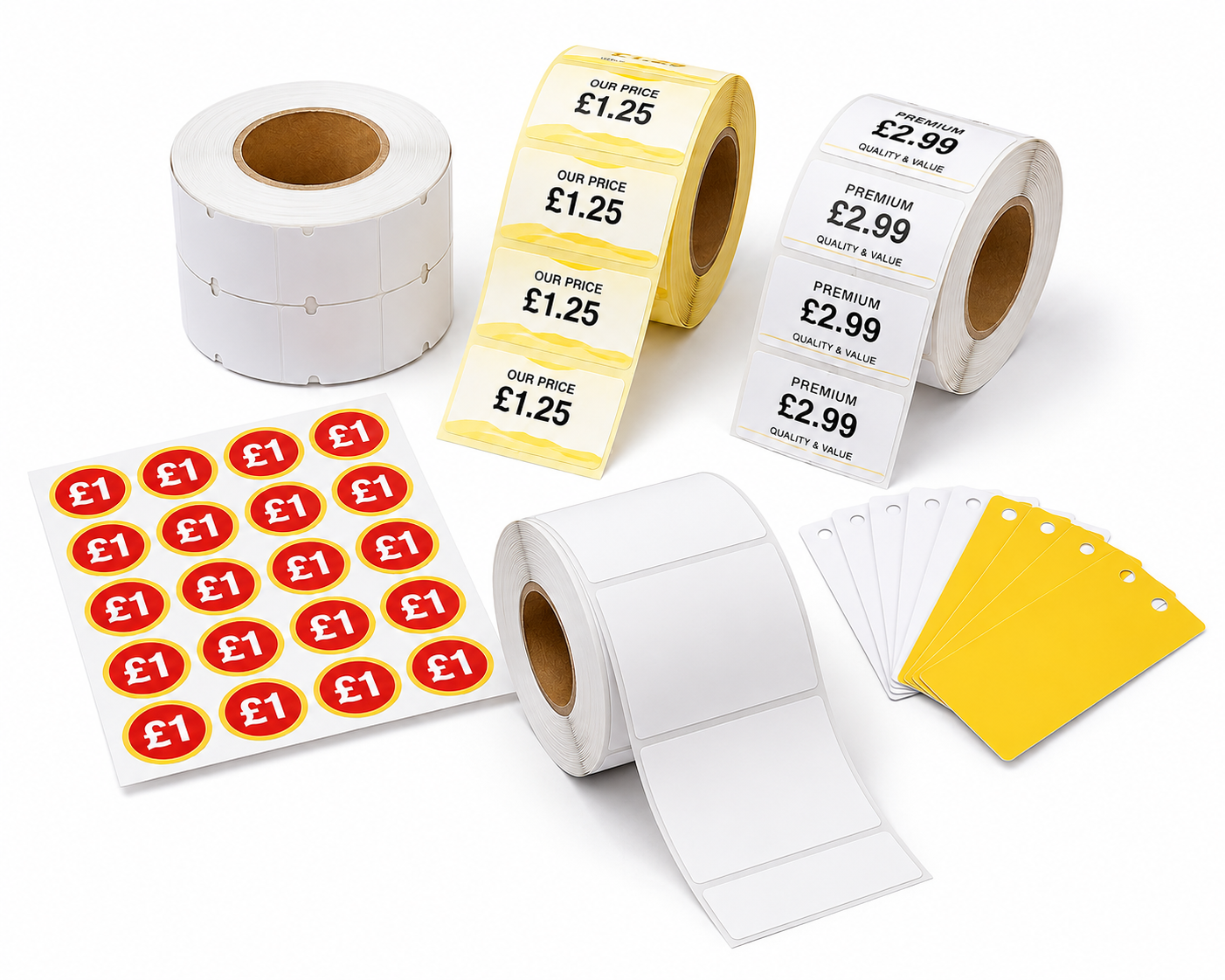 Various sheets and rolls of adhesive labels in different colors and sizes, including red circular labels with £1, yellow labels with £1.25, white labels with £2.99, and blank white and yellow label sheets.