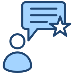 A speech bubble with lines of text and a star icon.