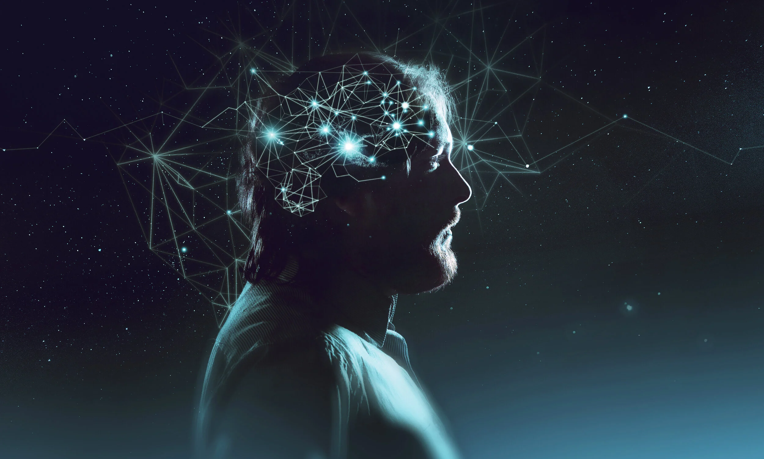 Illustration of a person in profile with a glowing neural network, representing mental health, psychological wellbeing, and the mind