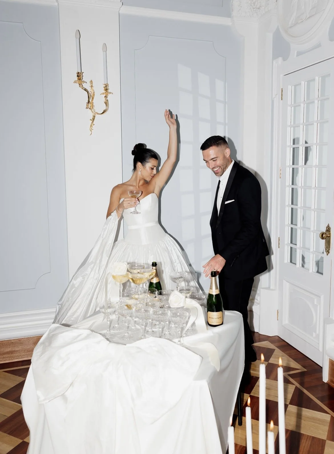 Champagne Tower (square table - with fabric overlay & bow)