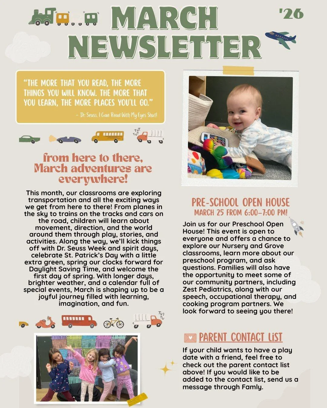 All aboard for March! 🚗✈️🚂 This month we&rsquo;re exploring Transportation, learning all the ways we get from here to there! Along the way, we&rsquo;ll celebrate Dr. Seuss Week, spring the clocks forward, and welcome the first day of spring. Be sur