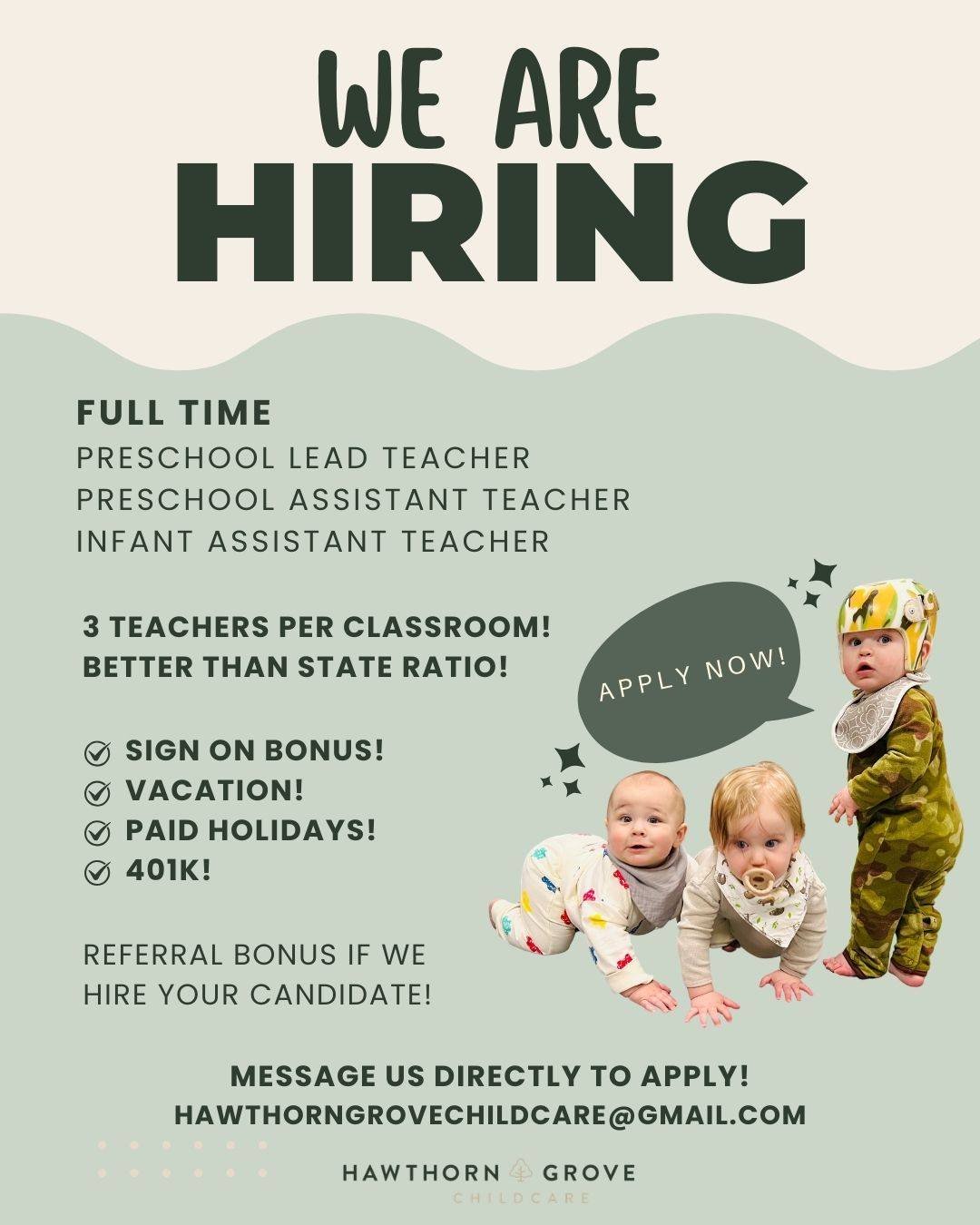 📢 We&rsquo;re Growing Our Team!  Our center is hiring full time positions:
🍎 Preschool Lead Teacher
🖍 Preschool Assistant Teacher
🍼 Infant Assistant Teacher

Why teachers love working here:
✔️ 3 teachers per classroom - better than state ratio
✔️