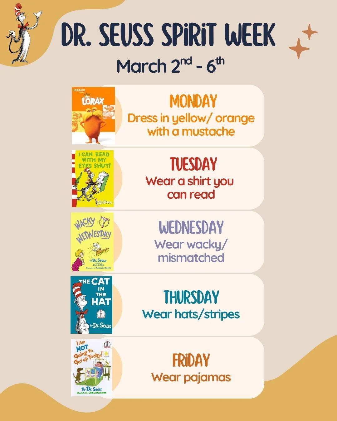 Hats, stripes, and Seuss-tastic flair, spirit week is almost here! 🎩✨ We're looking forward to Dr. Seuss fun next week!