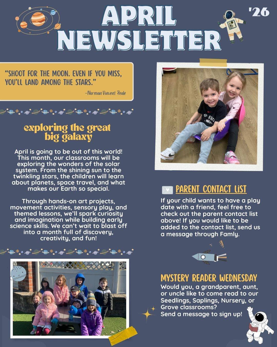 This month, we&rsquo;re heading out of this world as our classrooms explore the solar system! 🚀🌙Check out our newsletter for everything happening in April including a special parent night for families! 🌟