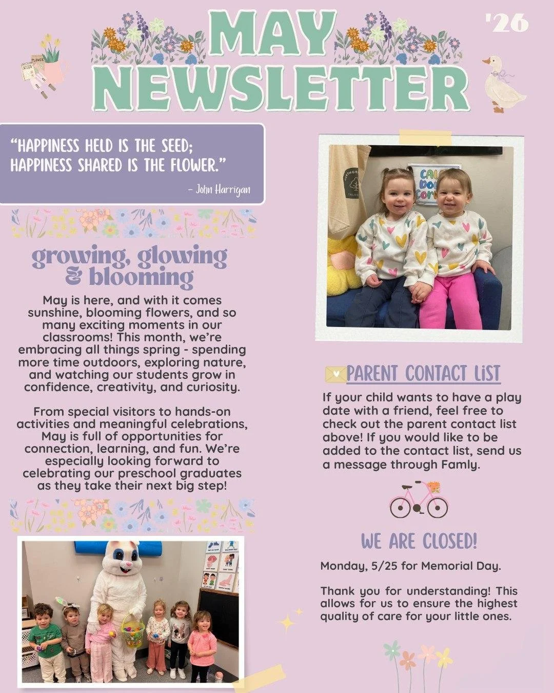 May is in full bloom 🌷✨ Our newsletter is filled with all the fun we have planned this month! We can&rsquo;t wait to make more memories together, and we're especially excited to celebrate our amazing preschool grads this month!🎓💛
