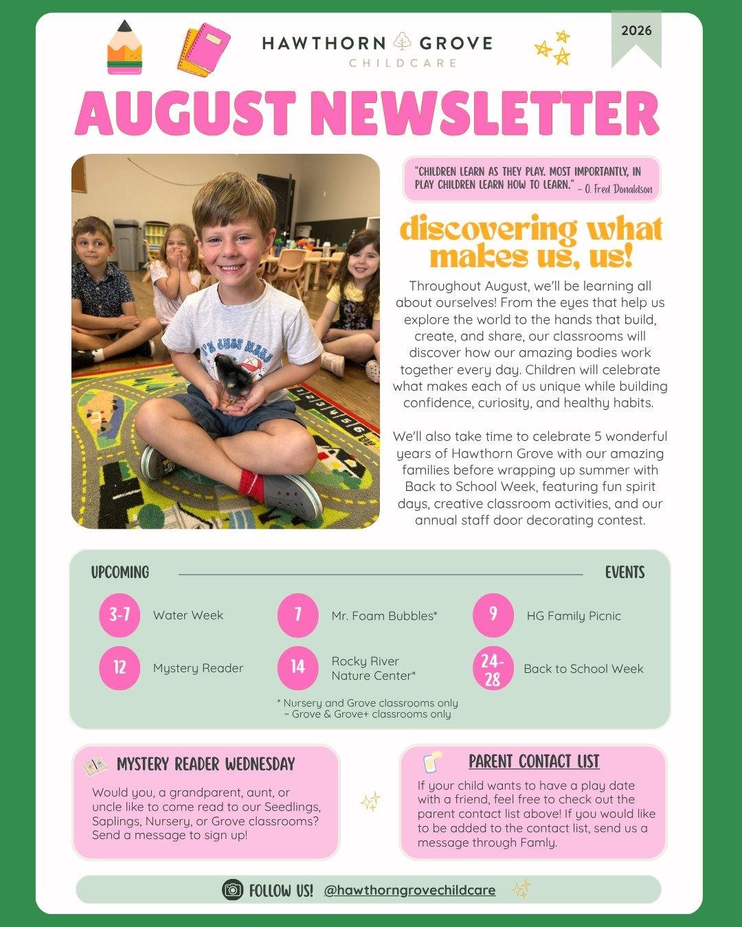 Our August newsletter is here! 🌿💛 Take a look at what's happening this month, upcoming events, classroom shoutouts, and more. We can't wait for another fun-filled month at Hawthorn Grove!