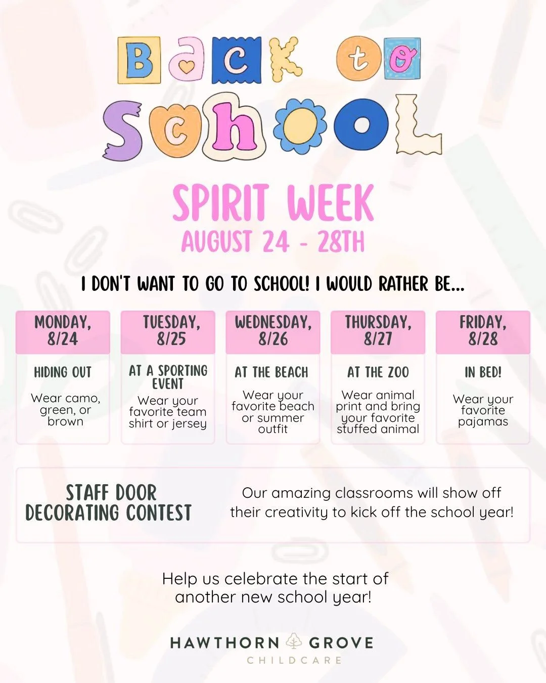 🎉 Back-to-School Spirit Week kicks off Monday, August 24! 🎉  We can't wait to see everyone's fun outfits and celebrate the start of a brand new school year together. Be sure to save this schedule so your little one is ready for each themed day! 💛?